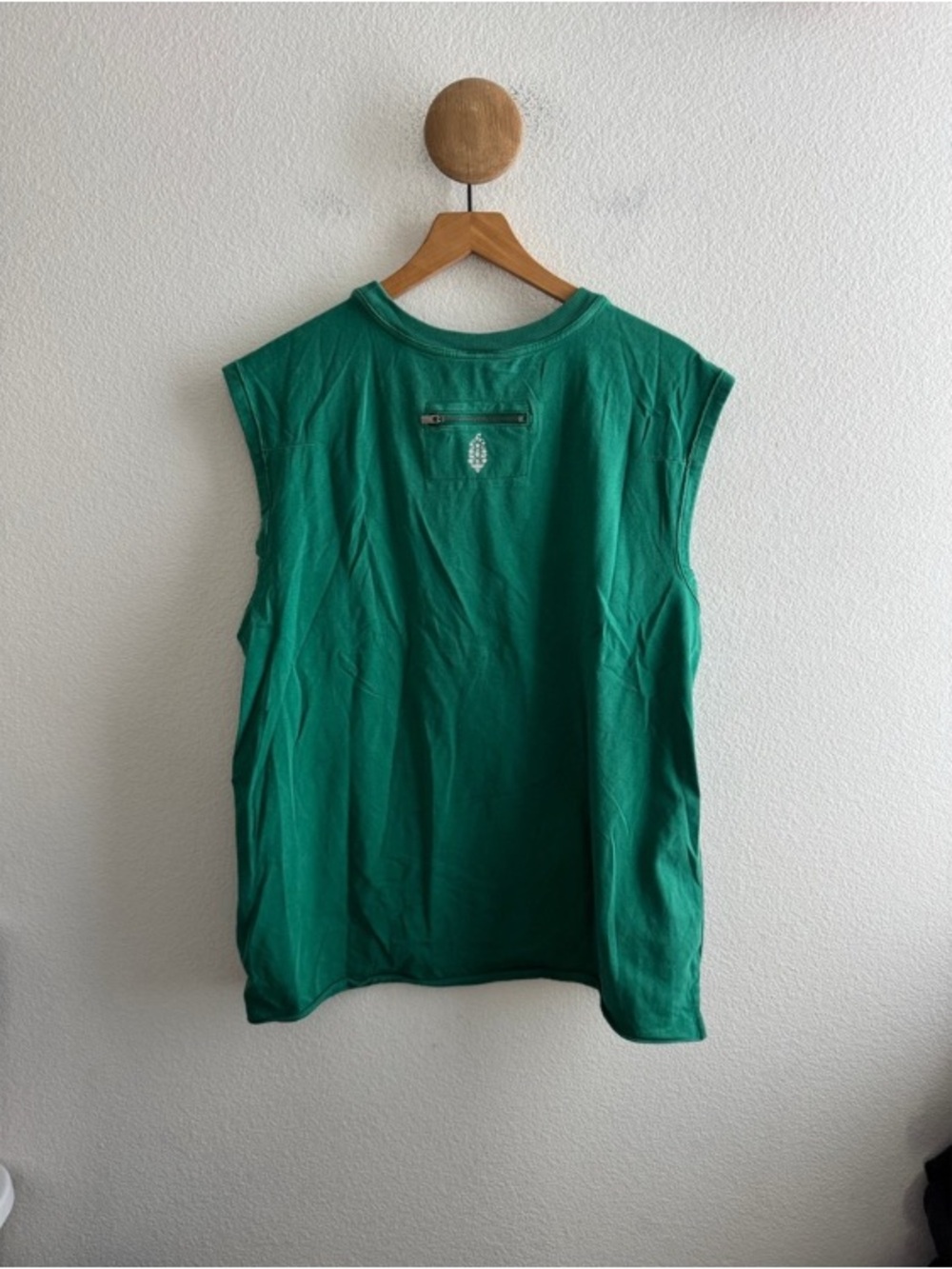 Green Sleeveless Muscle Tee with Back Zip & Embroidered Accent